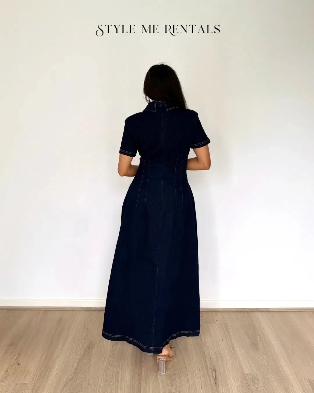 Odd Muse Denim Collared Midi Dress Dark Denim Size L for rent on The Volte - main image