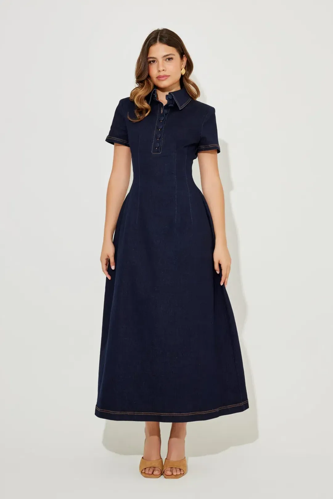 Odd Muse Denim Collared Midi Dress Dark Denim Size L for rent on The Volte - main image