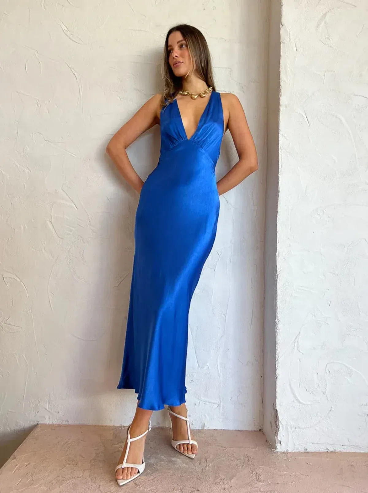 Shona Joy Oliviera Plunged Cross Back Midi Dress Strong Blue Size 6 for rent on The Volte - main image