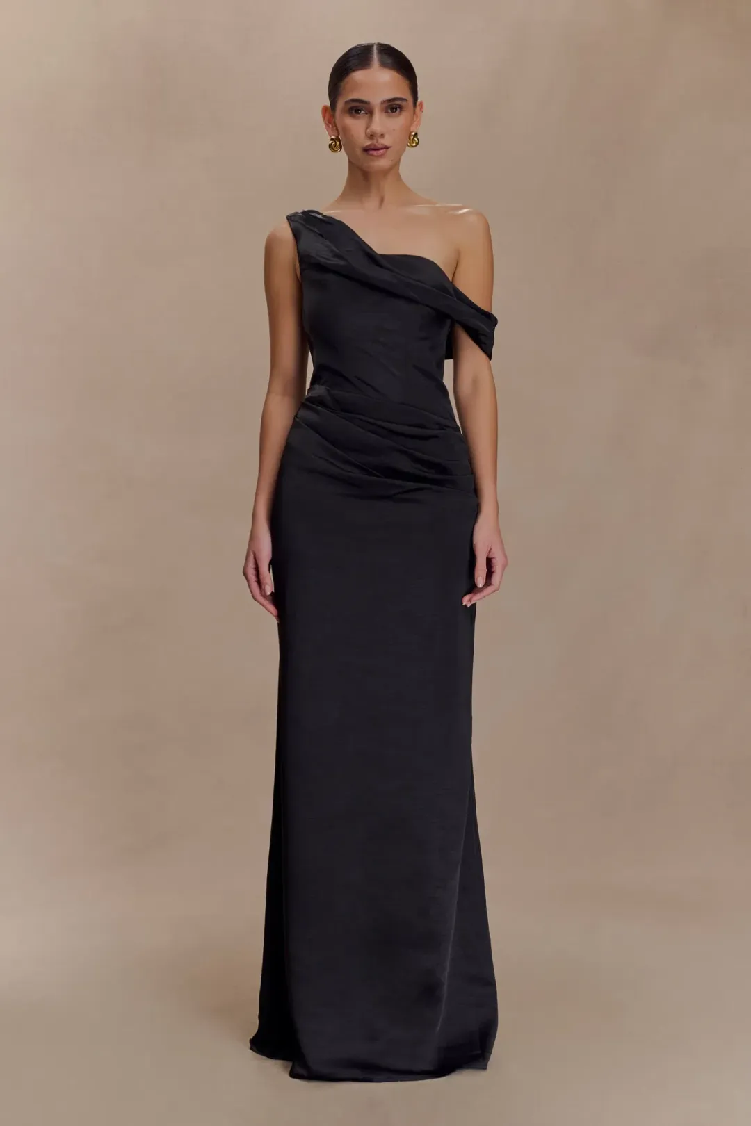 MESHKI Dahlia Off Shoulder Satin Maxi Dress - Black Size L for rent on The Volte - main image