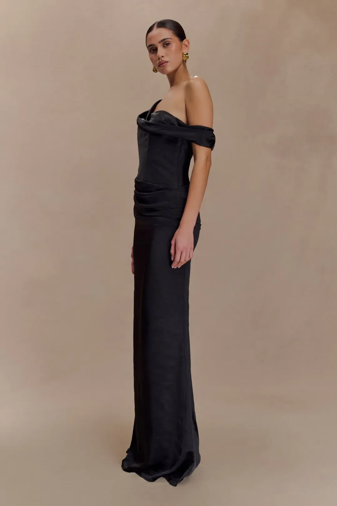 MESHKI Dahlia Off Shoulder Satin Maxi Dress - Black Size L for rent on The Volte - main image