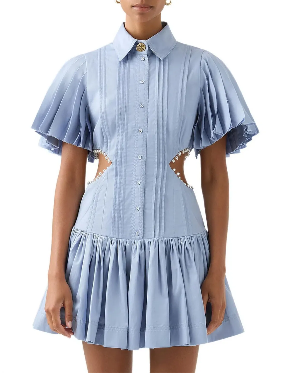 AJE MYTHOS PEARL WAIST MINI DRESS STEEL BLUE SIZE 6 for rent on The Volte - main image