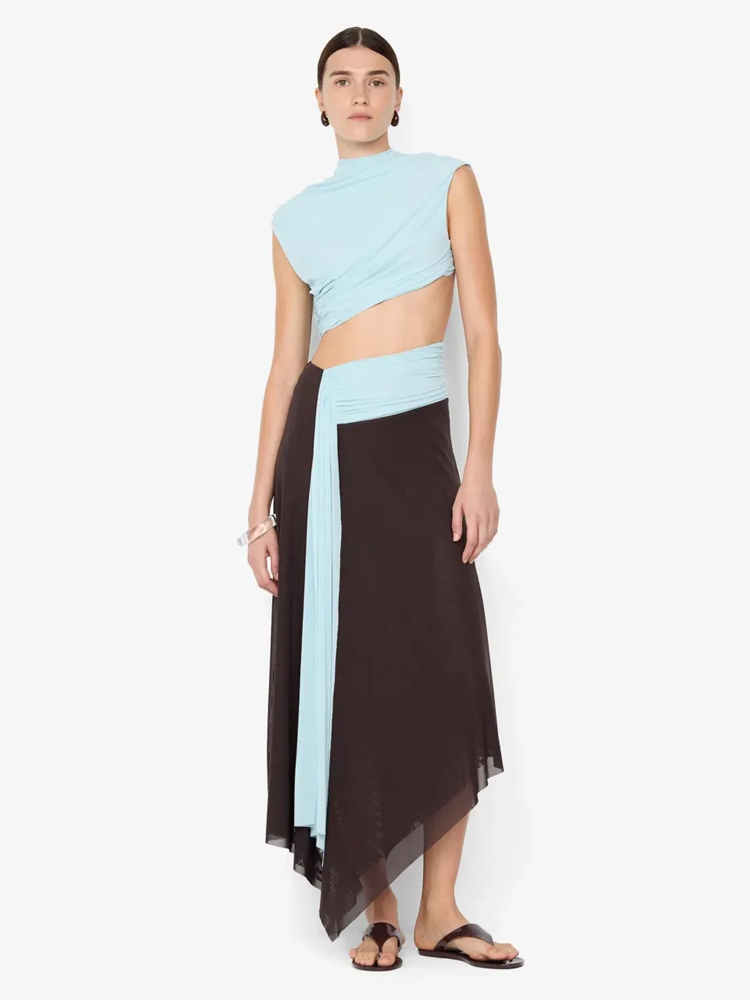 Bec and Bridge Conni Asym Midi Dress Artic Blue and Dark Choc Size 10 for rent on The Volte - main image