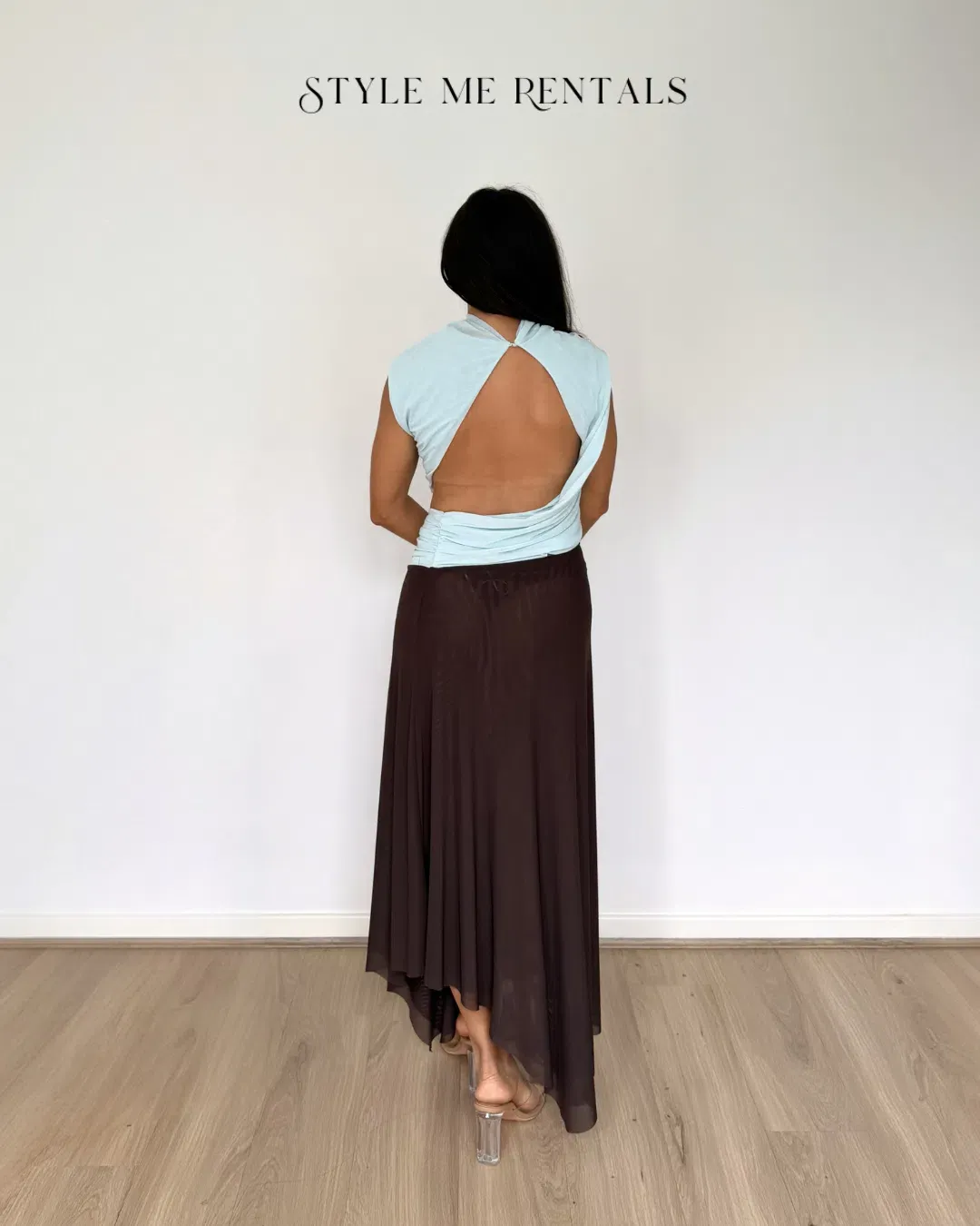 Bec and Bridge Conni Asym Midi Dress Artic Blue and Dark Choc Size 10 for rent on The Volte - main image