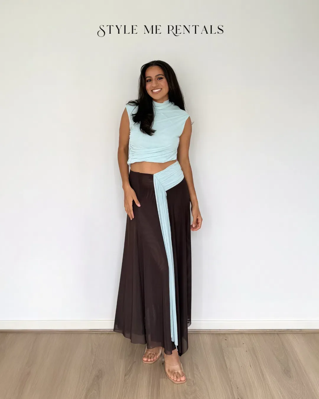 Bec and Bridge Conni Asym Midi Dress Artic Blue and Dark Choc Size 10 for rent on The Volte - main image