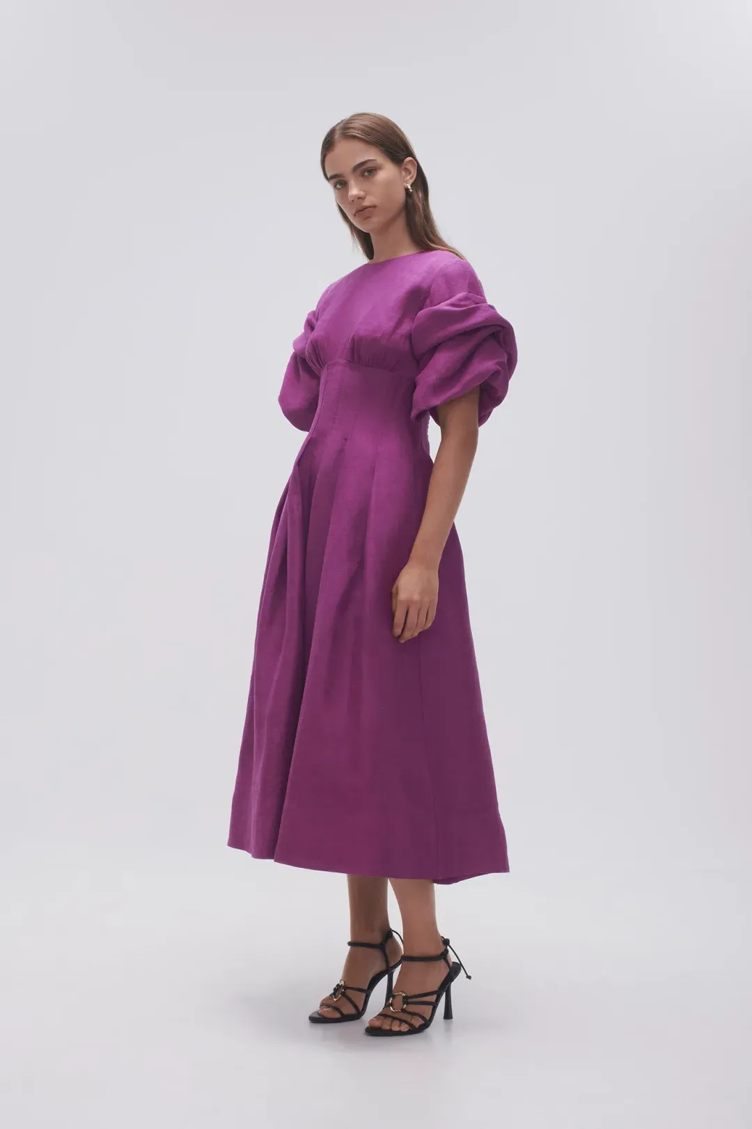 Aje Adelie Puff Sleeve Midi Dress in Plum Purple Size AU 12  for rent on The Volte - main image