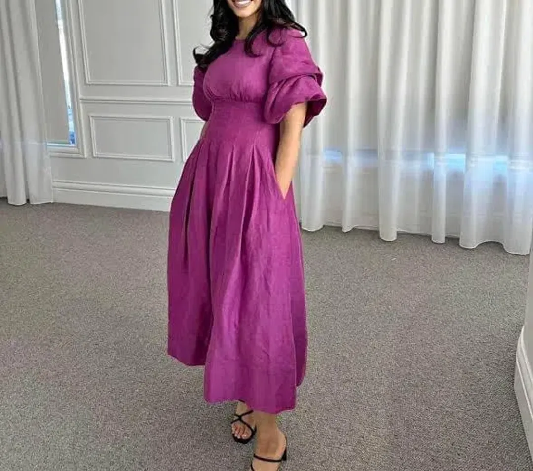 Aje Adelie Puff Sleeve Midi Dress in Plum Purple Size AU 12  for rent on The Volte - main image