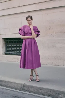 Aje Adelie Puff Sleeve Midi Dress in Plum Purple Size AU 12  for rent on The Volte - image 1