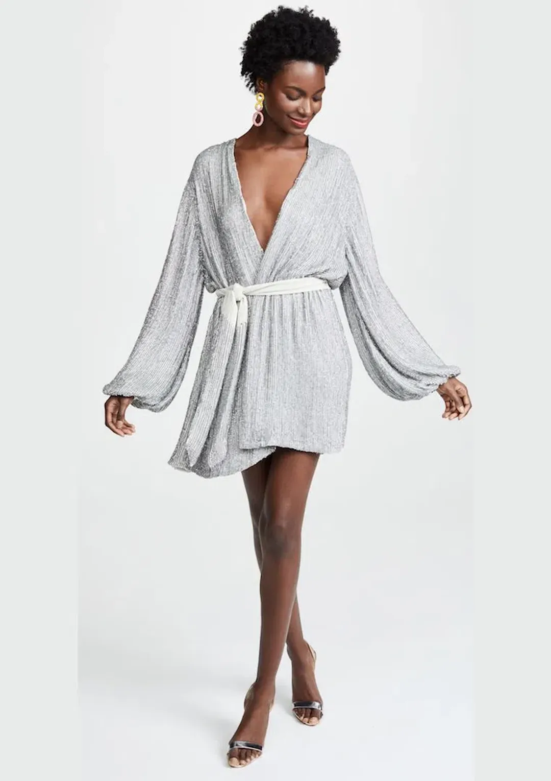 Retrofete Gabrielle Sequin Wrap Mini Dress Silver Size AU 4  for rent on The Volte - main image