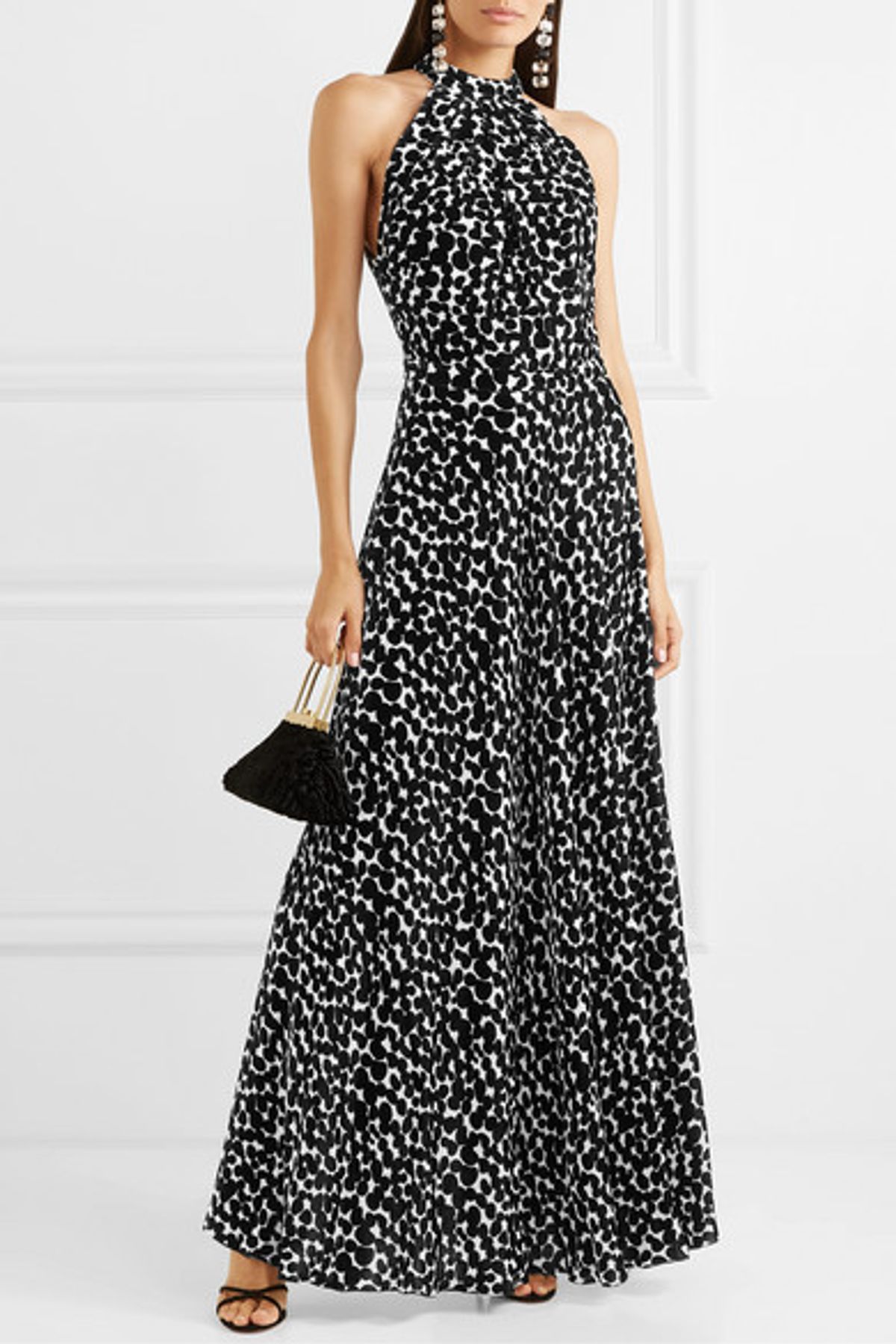 Raquel Diniz - Giovanna printed velvet halterneck gown in Black/white, Size 6 for rent on The Volte - main image