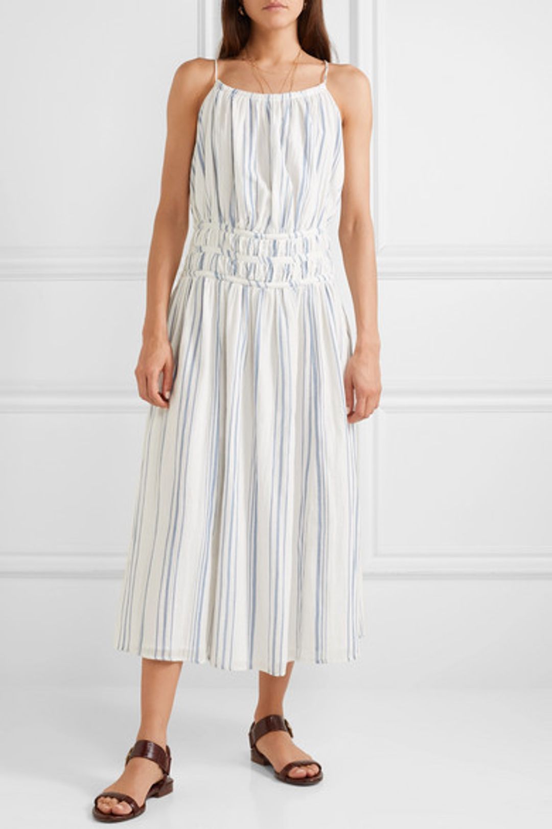 Frame Shirred Striped Cotton Voile Midi Dress Print Size 6 for rent on The Volte - main image
