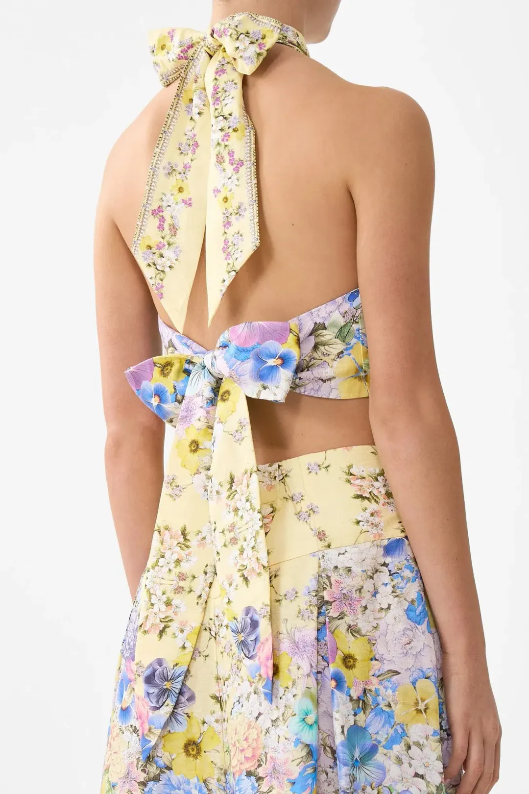 Camilla Darling Buds Halter Tie Back Top Cropped Yellow Floral Size 12 / M/L — Races, Wedding Guest, Cocktail for rent on The Volte - main image