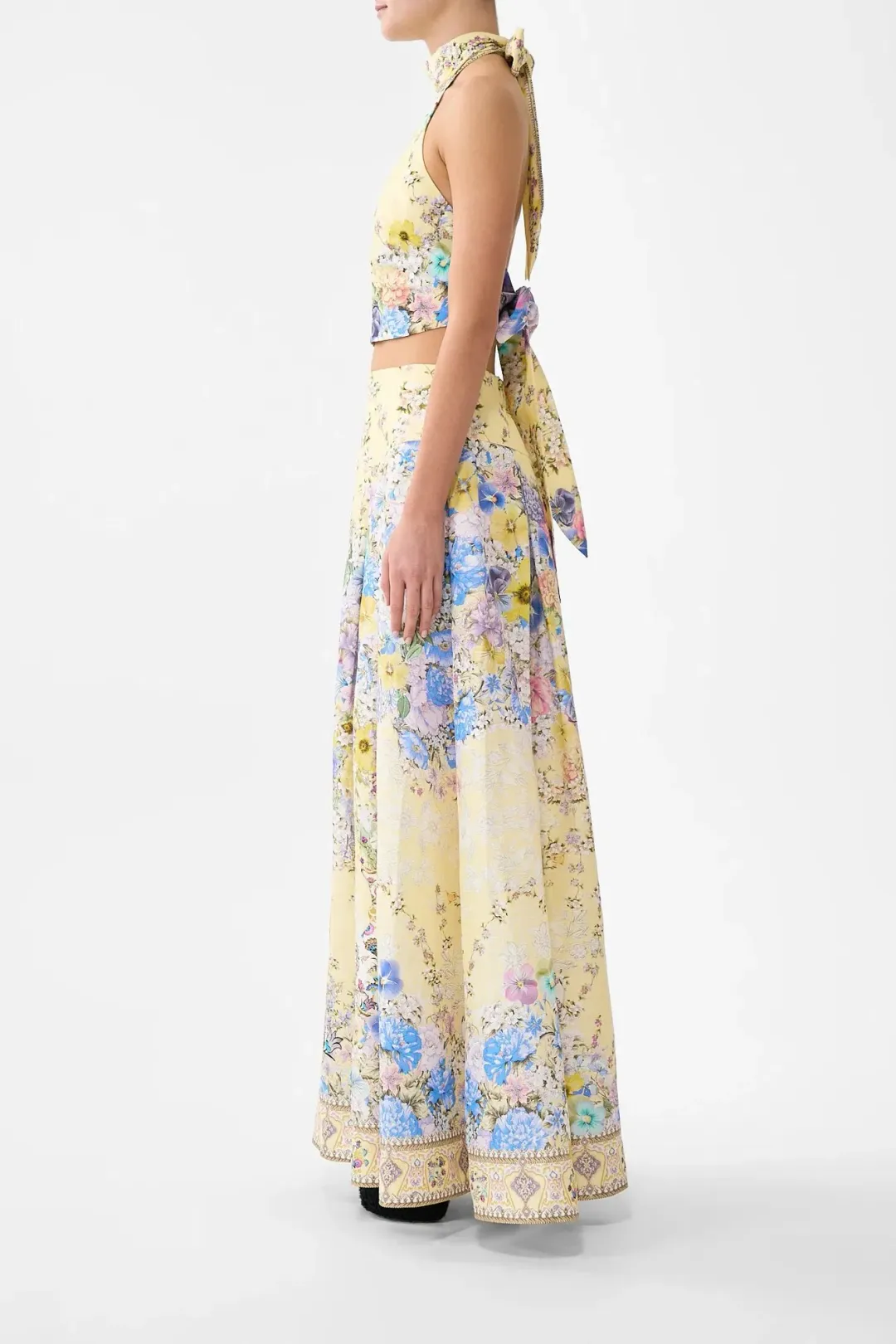 Camilla Darling Buds Halter Tie Back Top Cropped Yellow Floral Size 12 / M/L — Races, Wedding Guest, Cocktail for rent on The Volte - main image