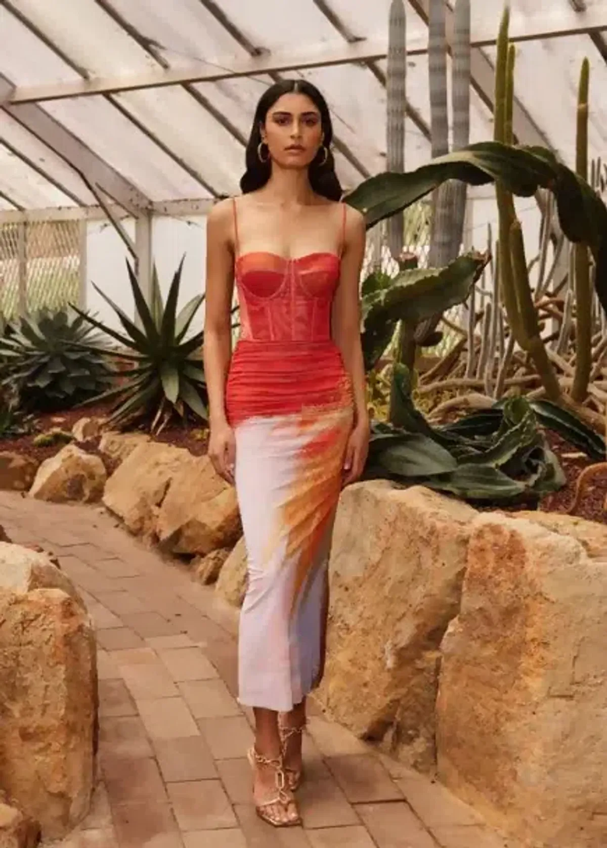 New REBECCA VALLANCE Frida Corset Midi Dress - Size 6 AU - Sunset Orange for rent on The Volte - main image