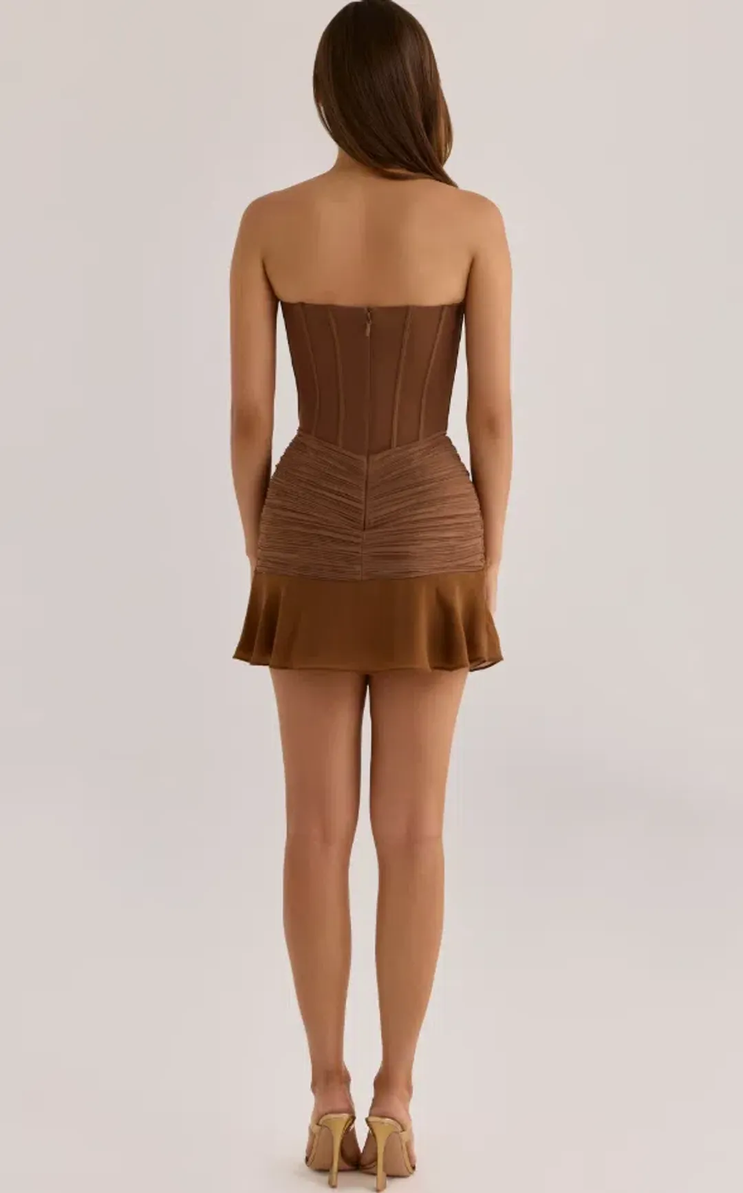 House of CB Charlotte  bronze shimmer chiffon + mesh strapless mini dress Regular Cup Regular Length Size XS for rent on The Volte - main image