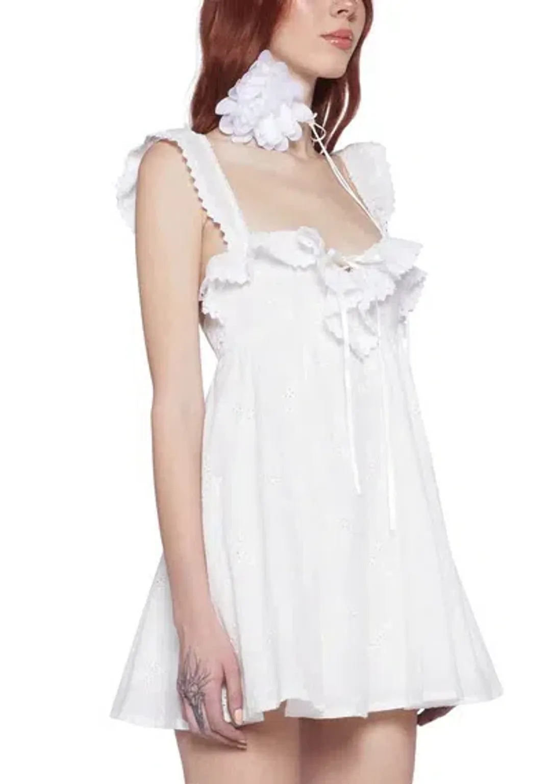 Sugar Thrillz Sunset Stroll White Eyelet Babydoll Mini Dress Size 8 / S — Cocktail, Daytime, Garden Party for rent on The Volte - main image