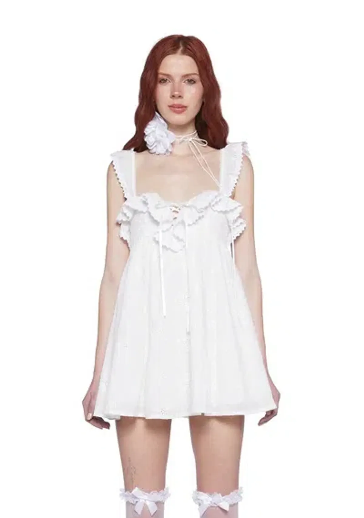 Sugar Thrillz Sunset Stroll White Eyelet Babydoll Mini Dress Size 8 / S — Cocktail, Daytime, Garden Party for rent on The Volte - main image