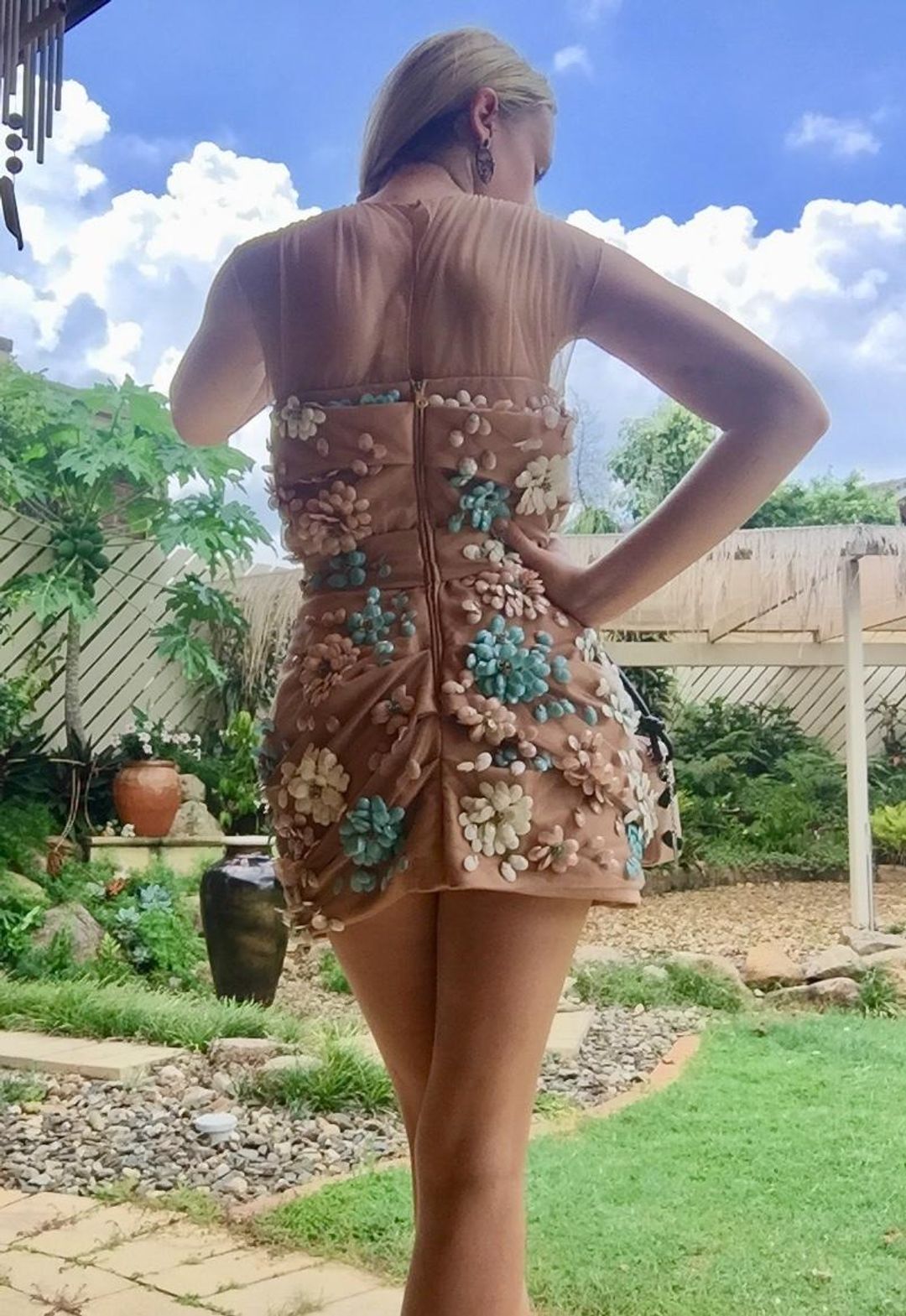 Blumarine 3D Floral Cocktail Dress Nude Size 6 for rent on The Volte - main image