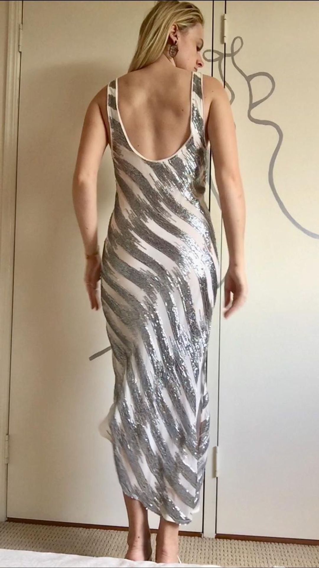 Manning Cartell Sequin Midi Plunging Dress Silver White Size 6 for rent on The Volte - main image