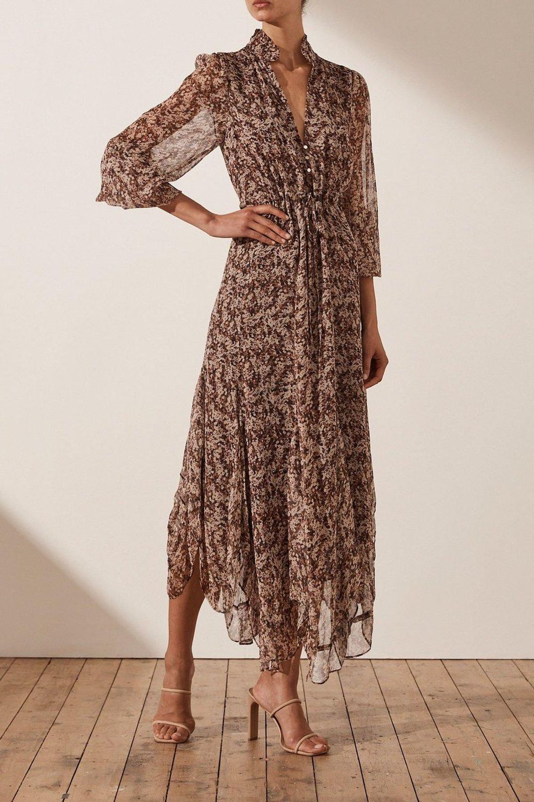 Shona Joy Blossom Plunged Godet Midi Dress Brown Size 6 for rent on The Volte - main image