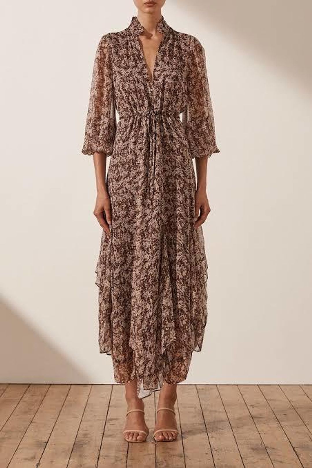 Shona Joy Blossom Plunged Godet Midi Dress Brown Size 6 for rent on The Volte - main image