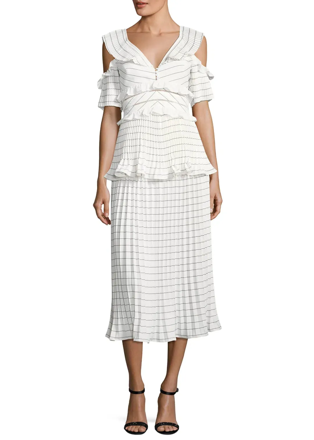 Self Portrait Monochrome Striped Pleated Midi Cocktail Dress White/Striped Size 10 for rent on The Volte - main image