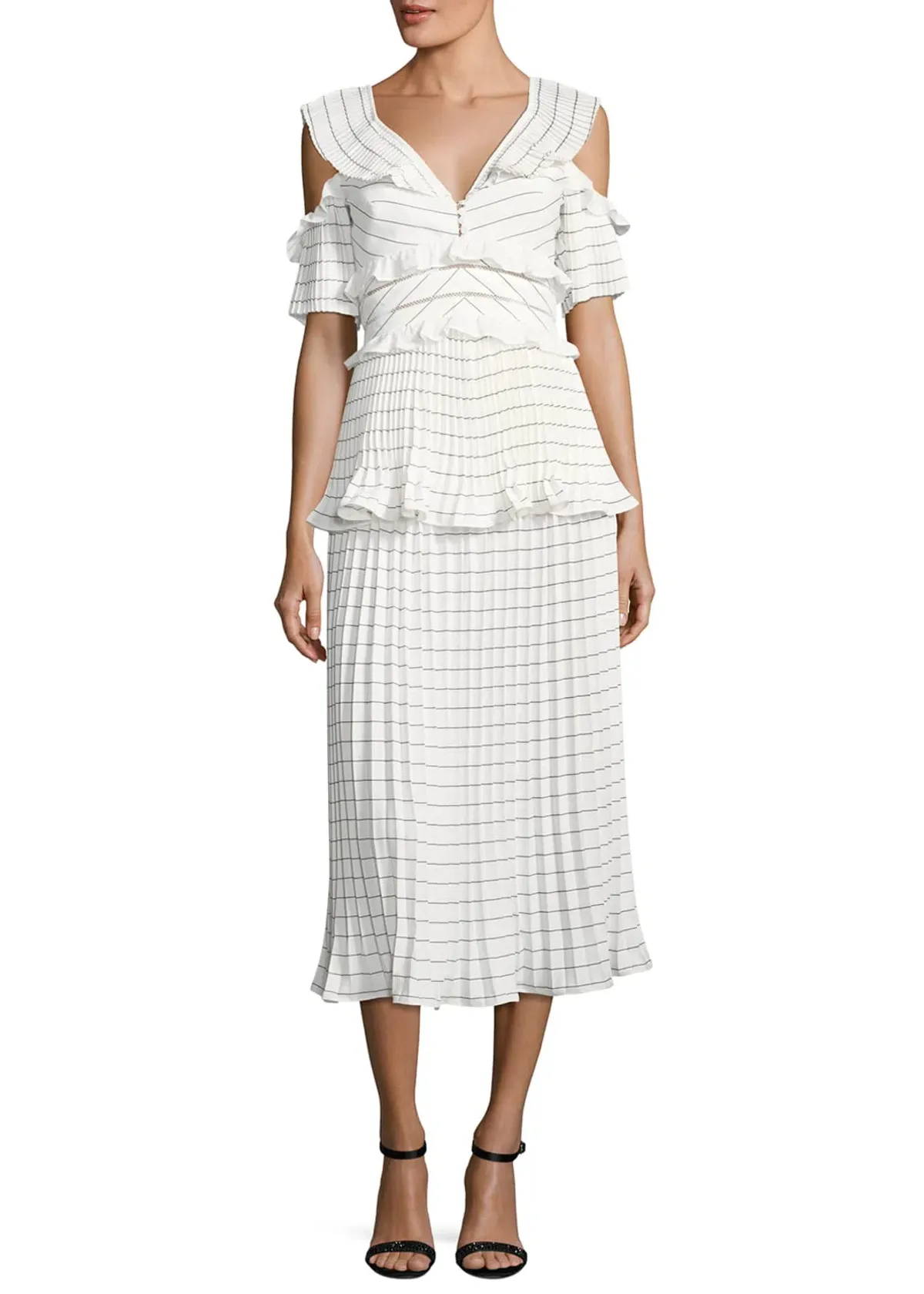 Self Portrait Monochrome Striped Pleated Midi Cocktail Dress White/Striped Size 10 for rent on The Volte - main image