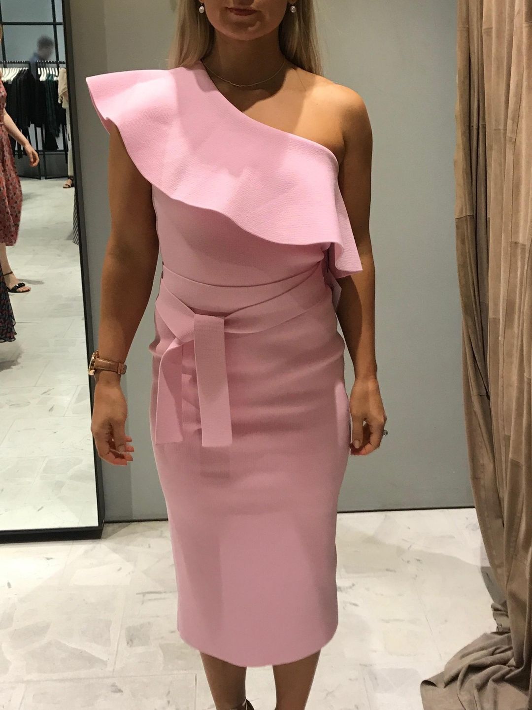 Scanlan Theodore Crepe Knit Ruffle Dress Pink Size 10 for rent on The Volte - main image