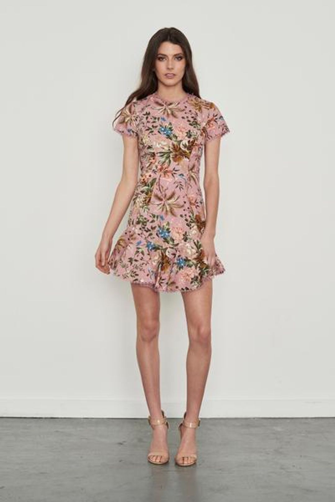 Zimmermann Tropicale Lattice Mini Dress Pink Floral Size 0 / AU 8 for rent on The Volte - main image