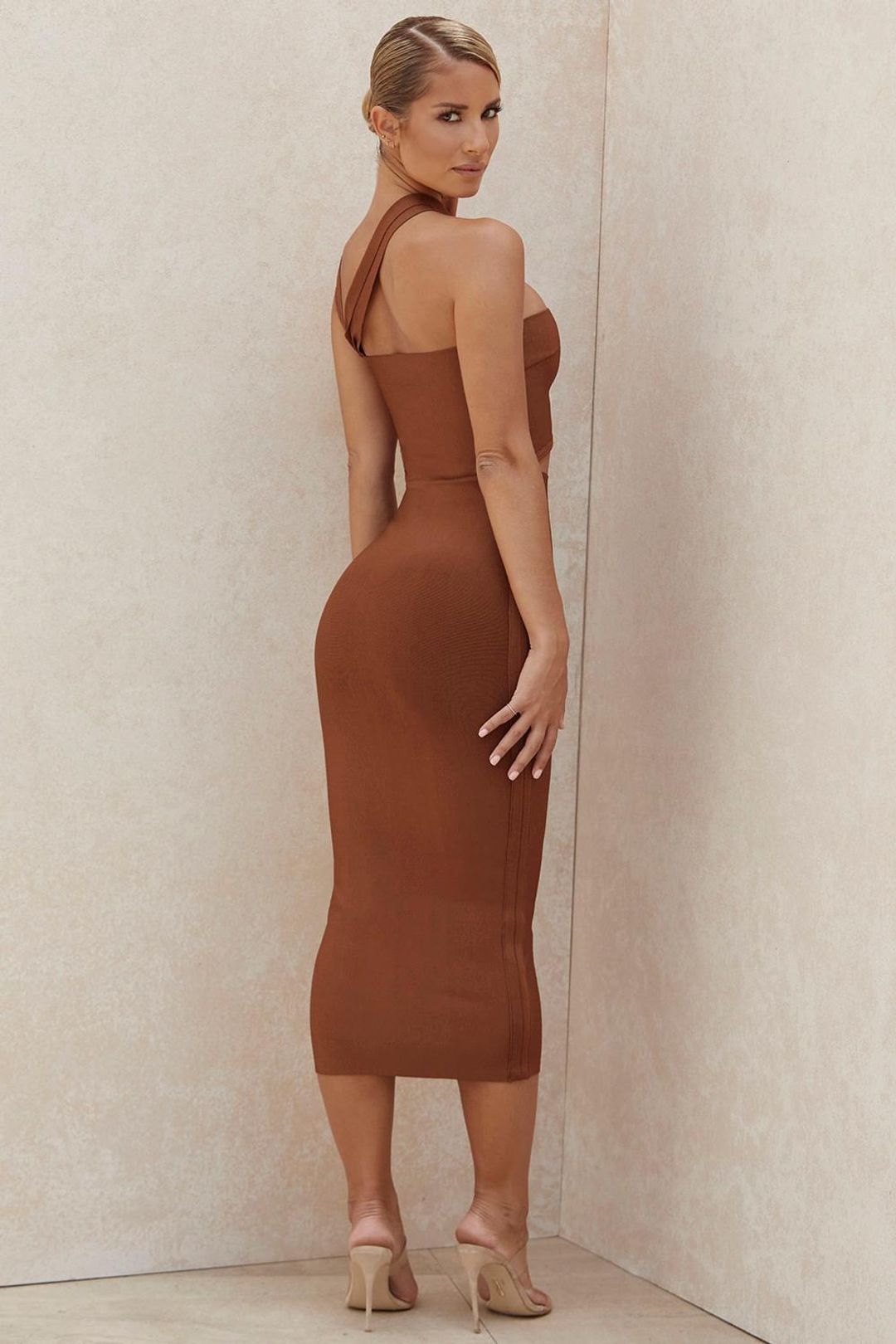 House Of CB Aina Cut Out Midi Dress Tan Size 12 for rent on The Volte - main image