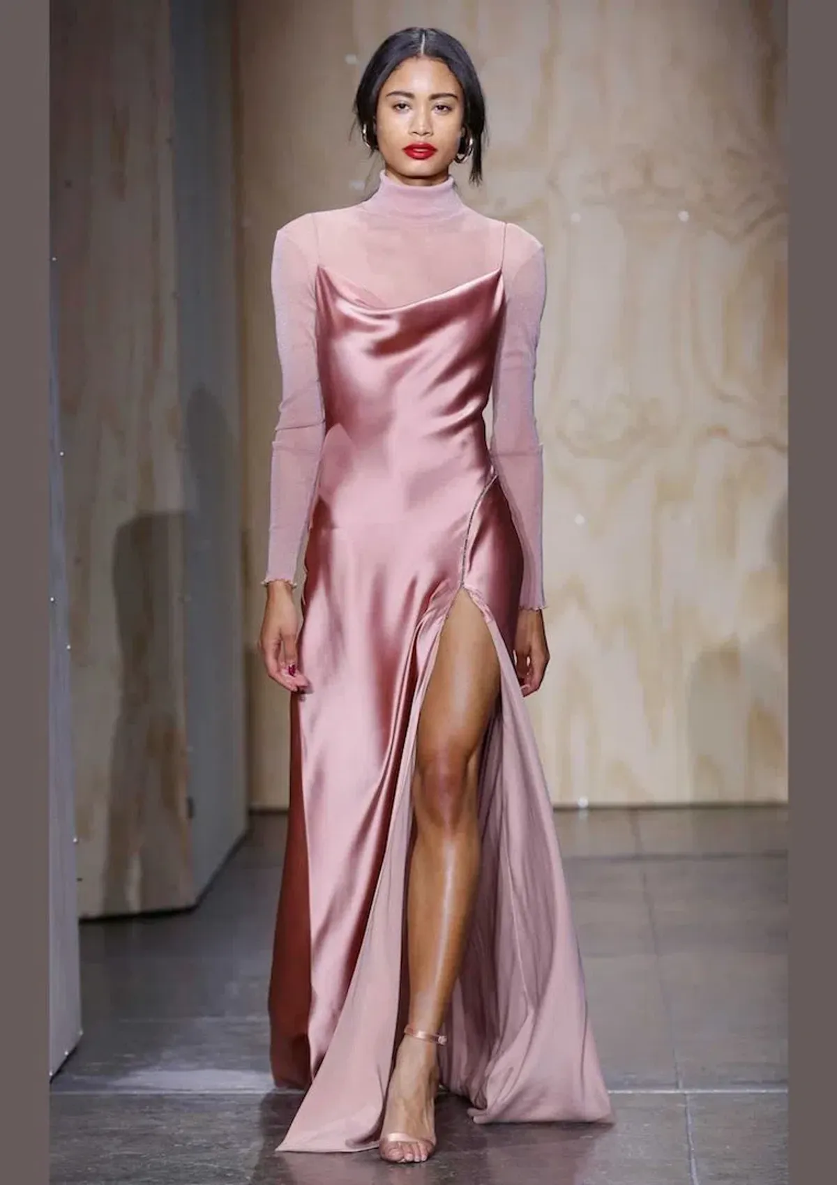 Jonathan Simkhai Long Flared Cowl Neck Charmeuse Slip Dress Pink Size 6 for rent on The Volte - main image