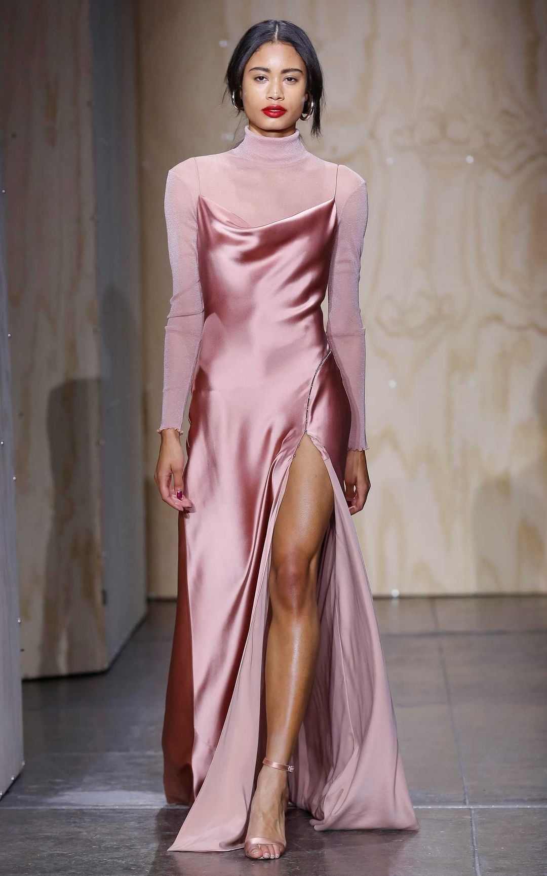 Jonathan Simkhai Long Flared Cowl Neck Charmeuse Slip Dress Pink Size 6 for rent on The Volte - main image