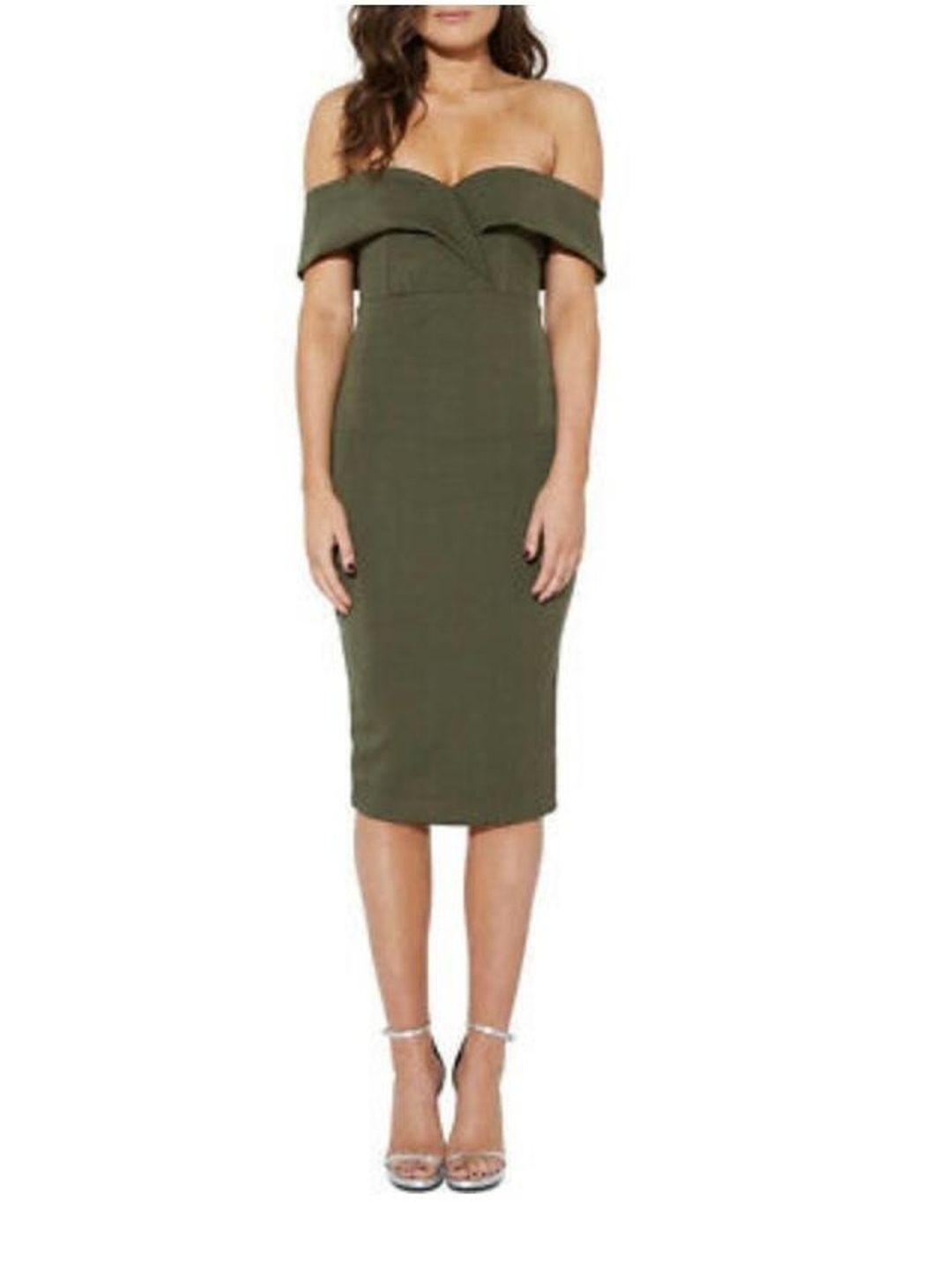 Mossman Off Shoulder Midi Dress Khaki Size 12 for rent on The Volte - main image