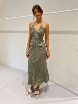 Shona Joy Mia Halter Ruched Midi in Sage Size 10 for rent on The Volte - image 1