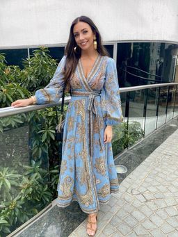 Zimmermann Fiesta Wrap Long Dress Aqua Paisley Size 0 / AU 8 for rent on The Volte - image 2