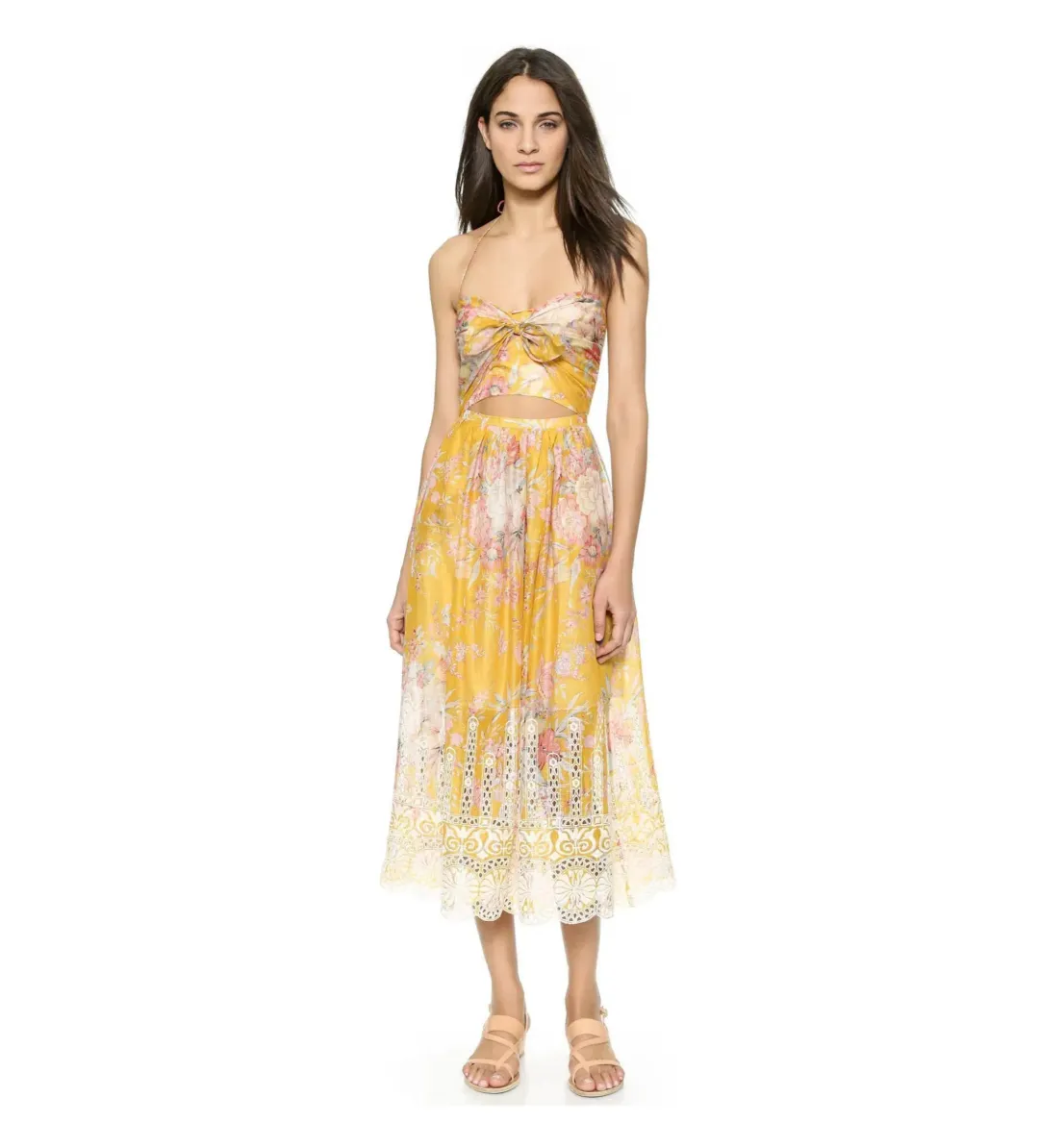 Zimmermann Confetti Scallop Tie Dress In Mustard Yellow Floral Size 6 for rent on The Volte - main image