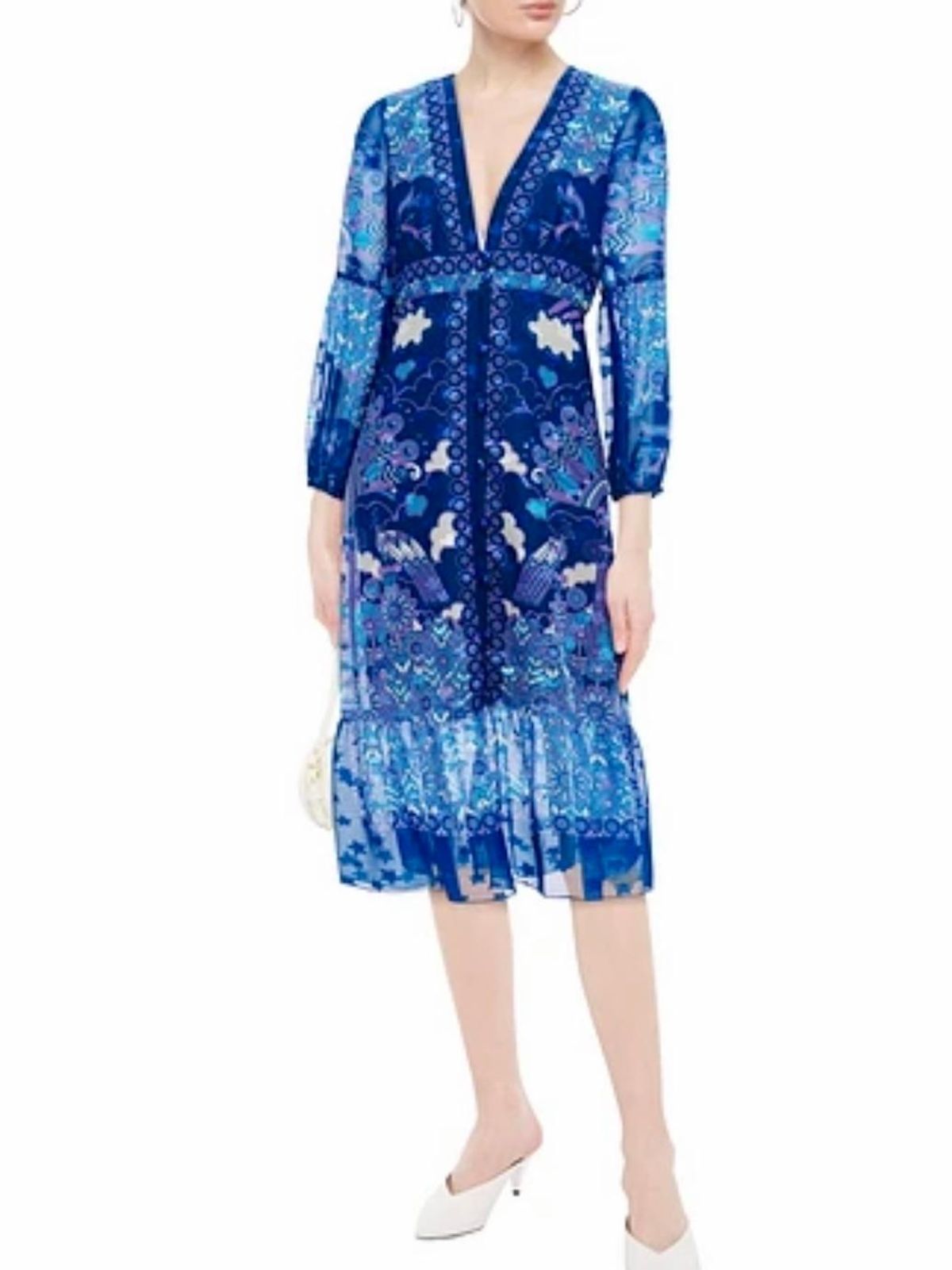 Anna Sui Ruched Printed Silk Chiffon Midi Dress Blue Size US 6 (UK 10) for rent on The Volte - main image