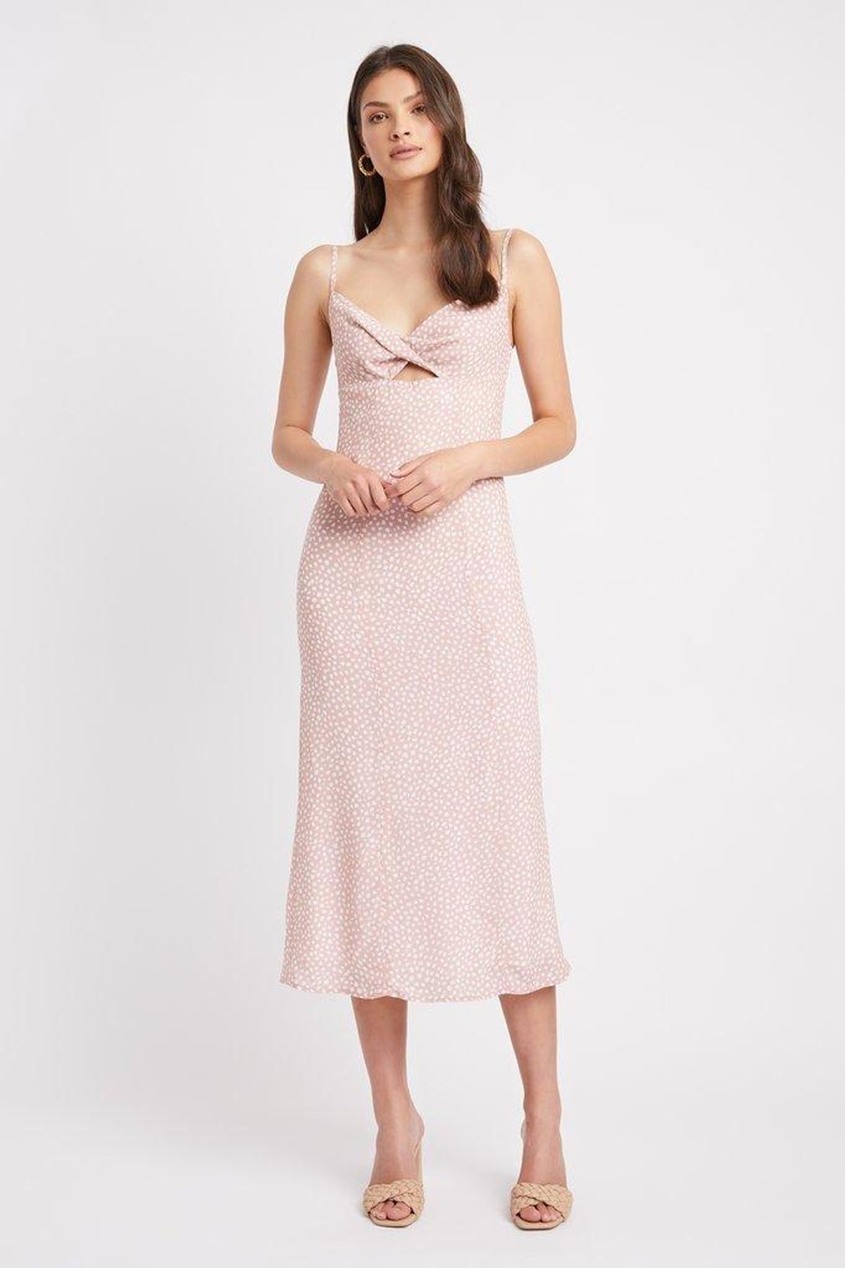 Kookai Karlie Twist Midi Dress Blush Print Size 8 for rent on The Volte - main image