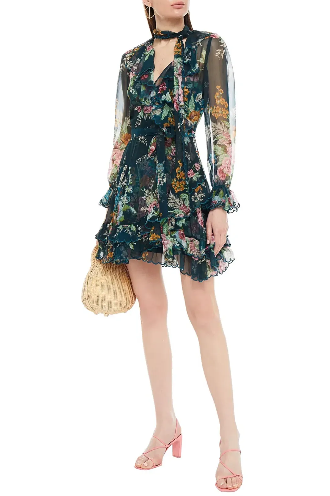 Zimmermann Wavelength Scallop Ruffled Mini Wrap Dress Teal Daphne Floral Size 8 for rent on The Volte - main image