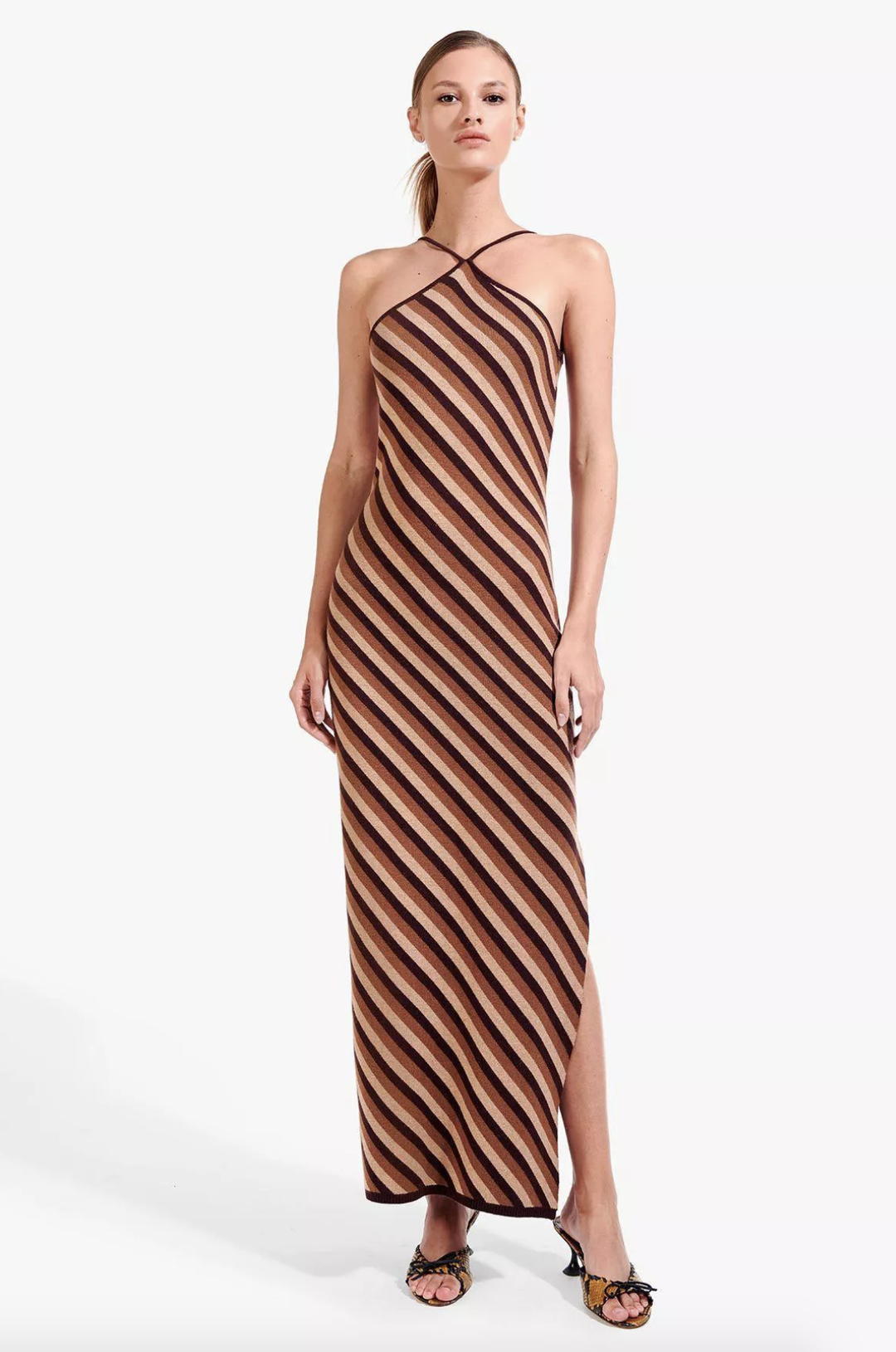"Staud" Carmel maxi dress, brown diagonal stripe, size small, RRP $320 for rent on The Volte - main image