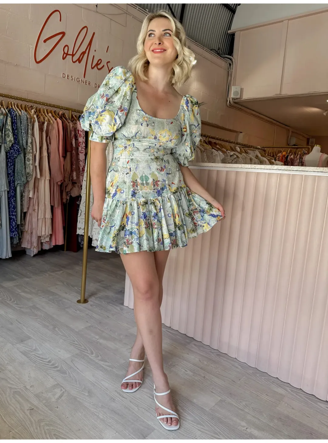 Leo and Lin Verde Puff Sleeve Mini Dress Floral Size AU 12 for rent on The Volte - main image