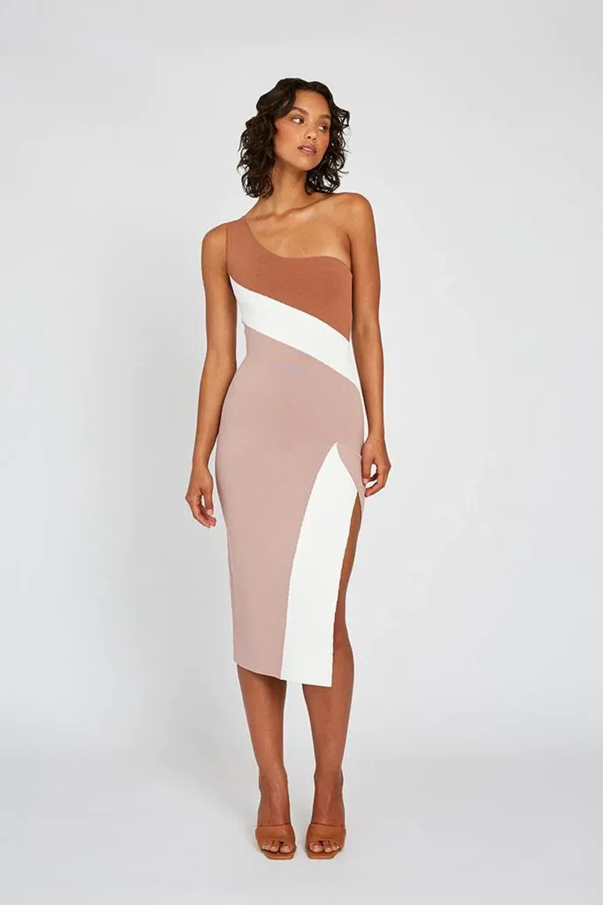 By Johnny Taupe Tone Knit Midi Dress Brown Size 6 for rent on The Volte - main image