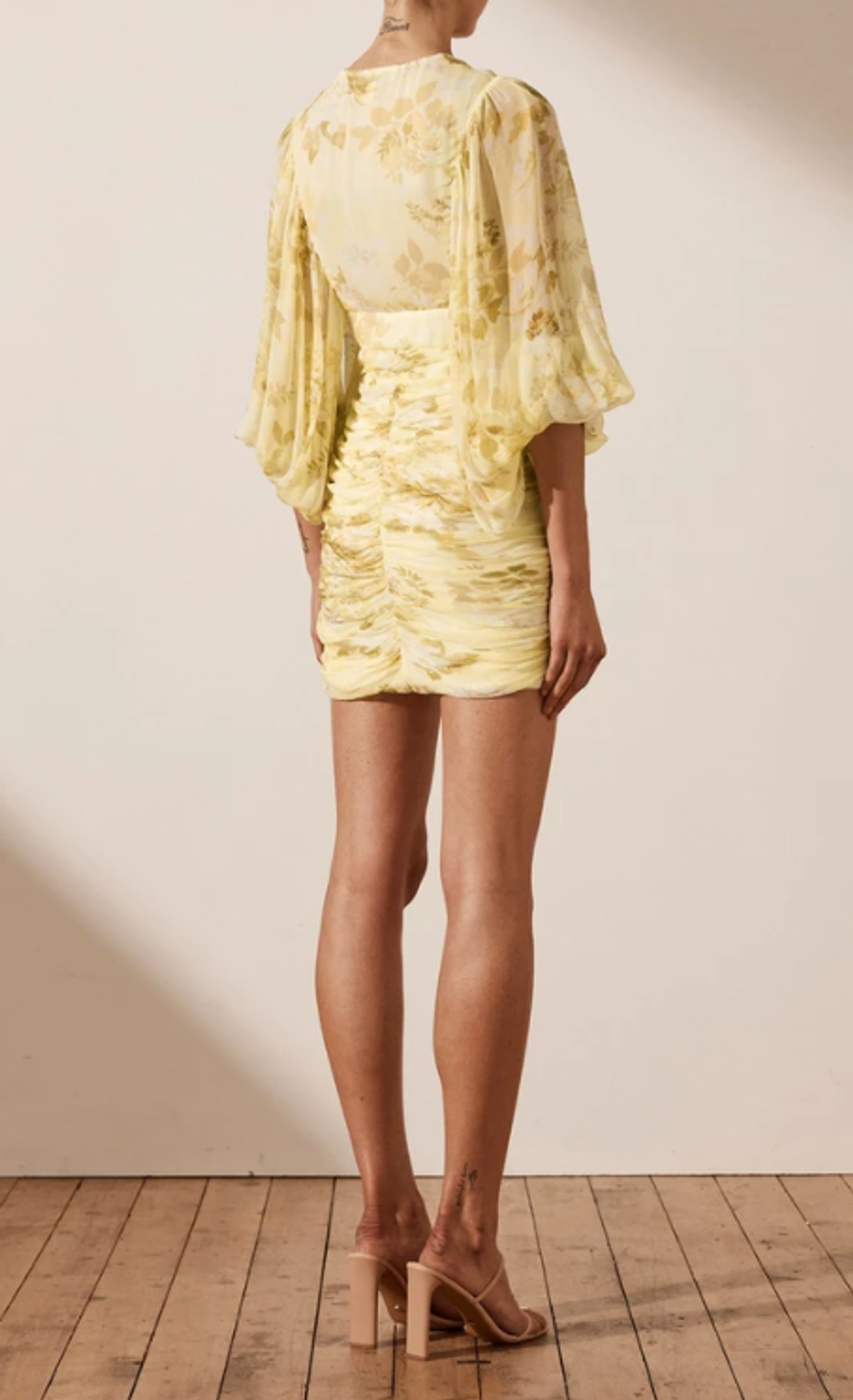 Shona Joy Leticia Plunged Ruched Midi Dress Yellow Size 8 for rent on The Volte - main image