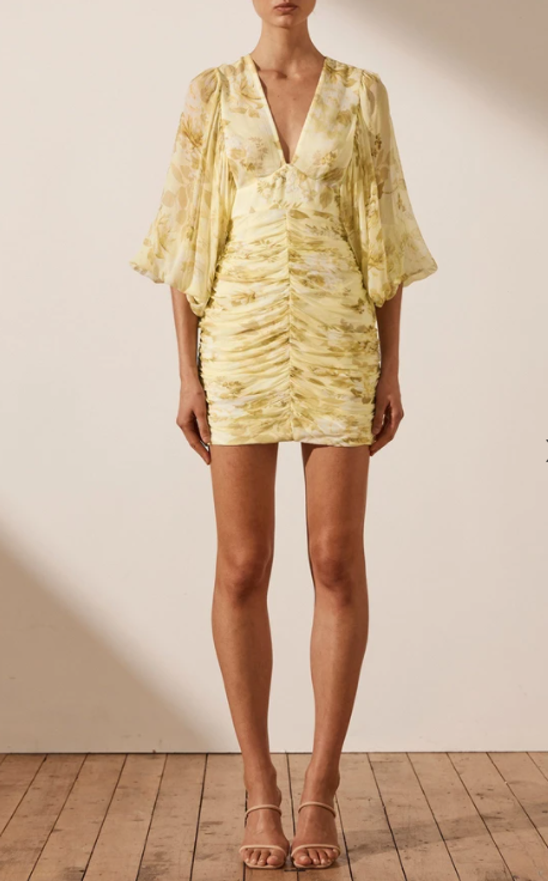 Shona Joy Leticia Plunged Ruched Midi Dress Yellow Size 8 for rent on The Volte - main image