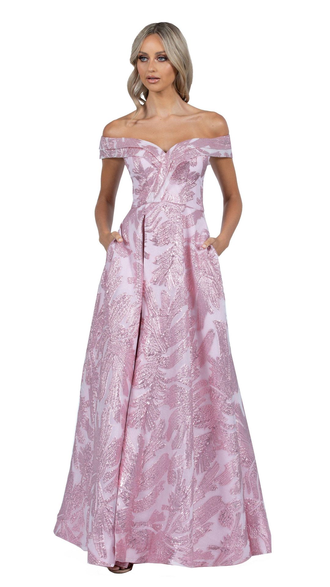 Bariano Ball Gown Jacquard Off-the-Shoulder Pink Size 6 for rent on The Volte - main image