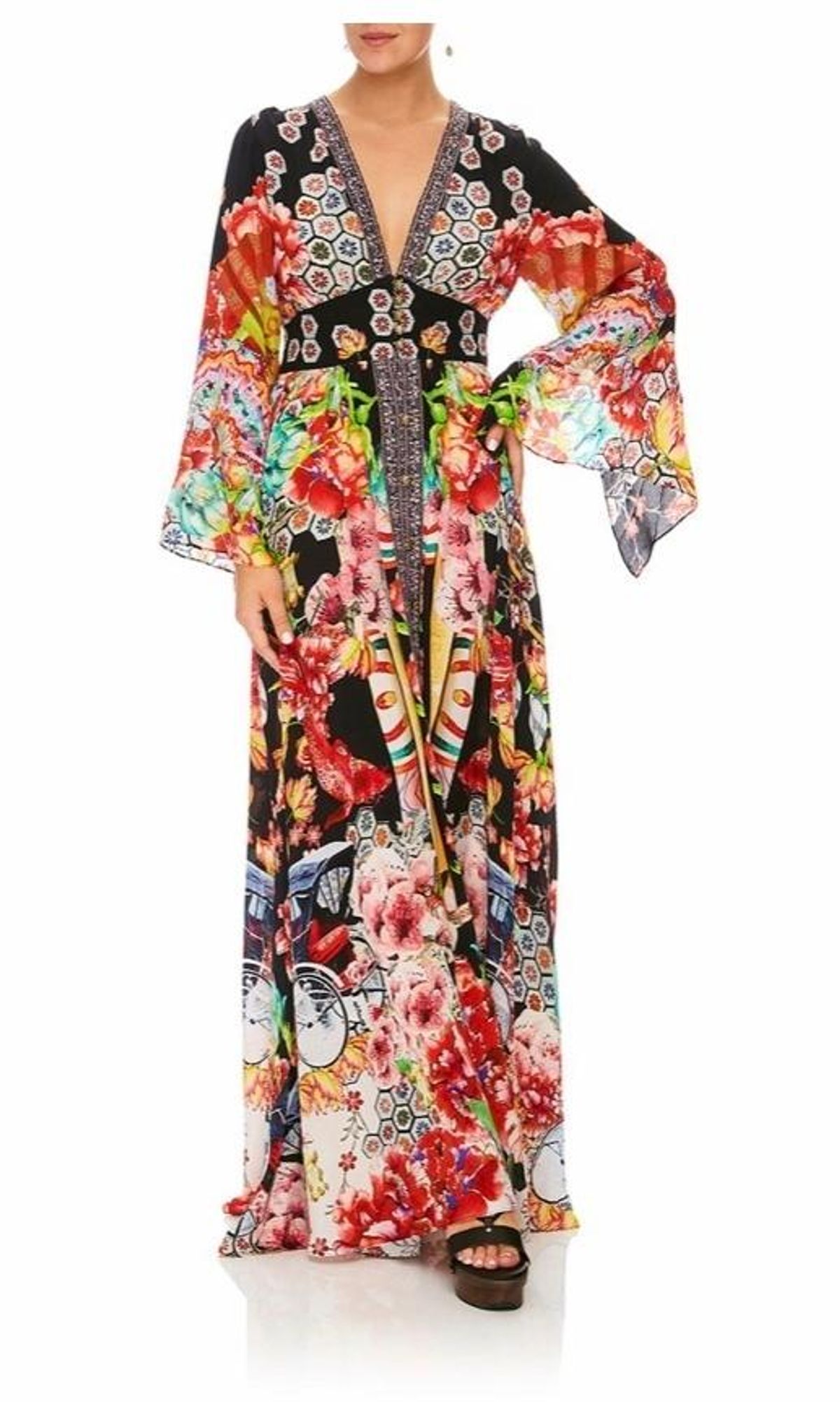 Camilla Painted Land Kimono Sleeve Dress with Shirring Detail Print Size 12 for rent on The Volte - main image