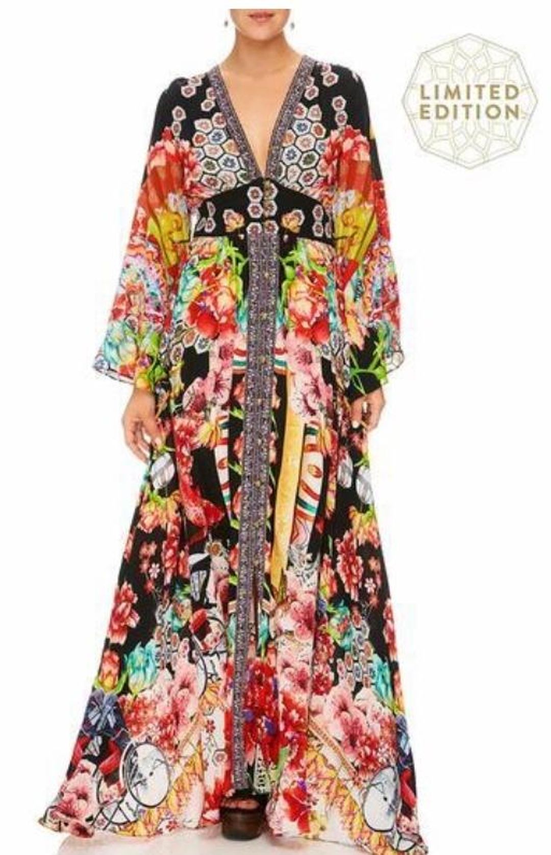 Camilla Painted Land Kimono Sleeve Dress with Shirring Detail Print Size 12 for rent on The Volte - main image