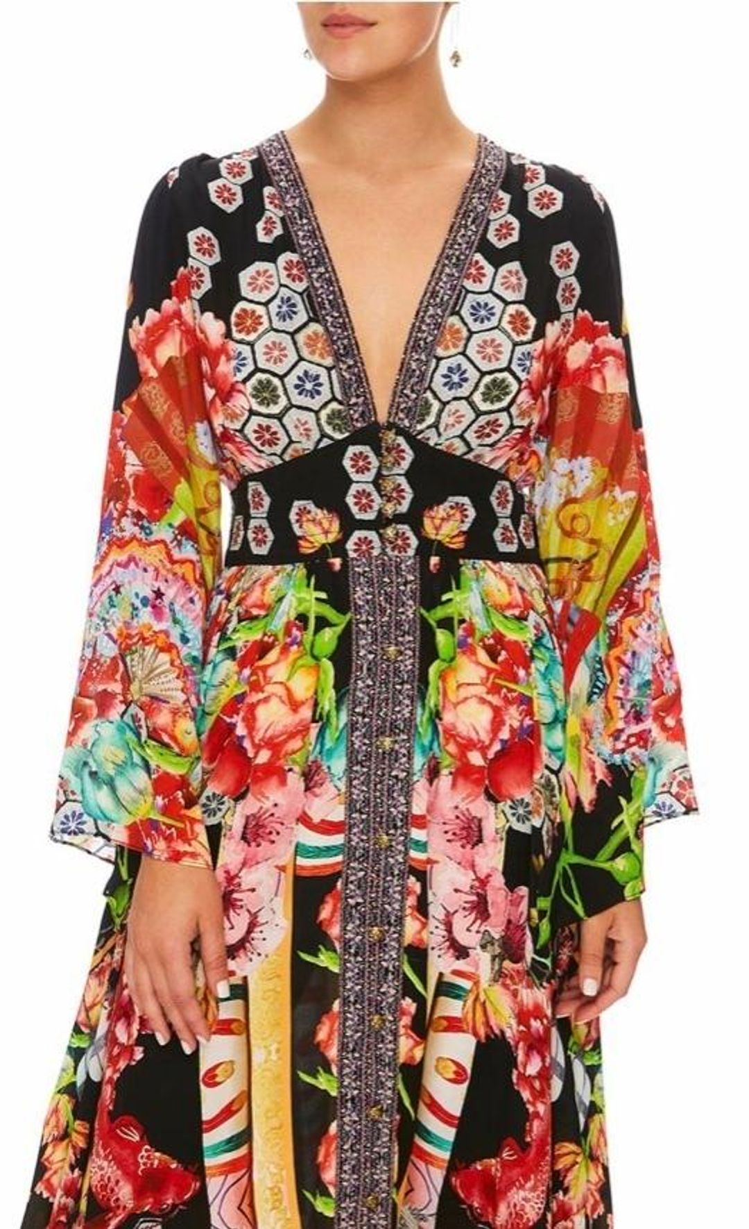 Camilla Painted Land Kimono Sleeve Dress with Shirring Detail Print Size 12 for rent on The Volte - main image
