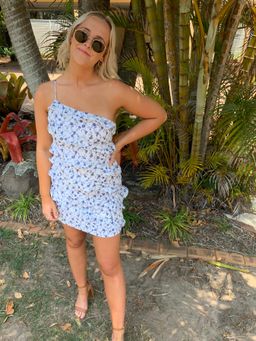 New Romantics Fleur One Shoulder Mini Dress in Indigo Blooms Size 8 for rent on The Volte - image 3