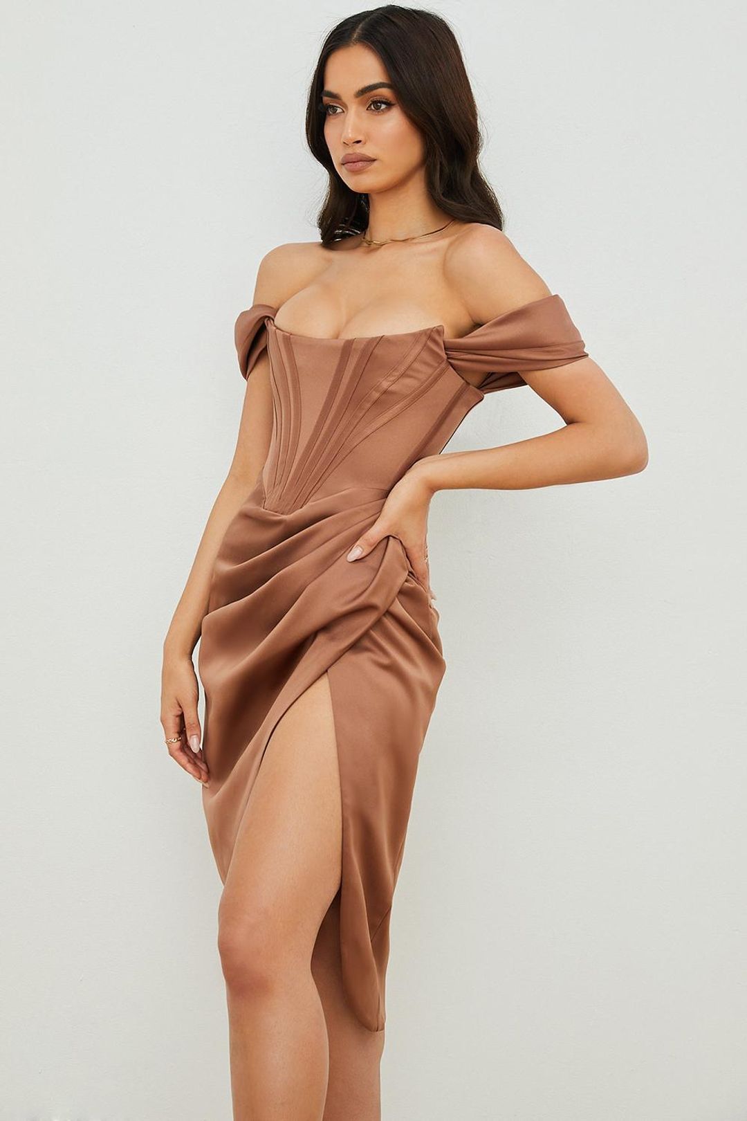 House Of CB Loretta Satin Off Shoulder Midi Dress Brown Size 8 for rent on The Volte - main image